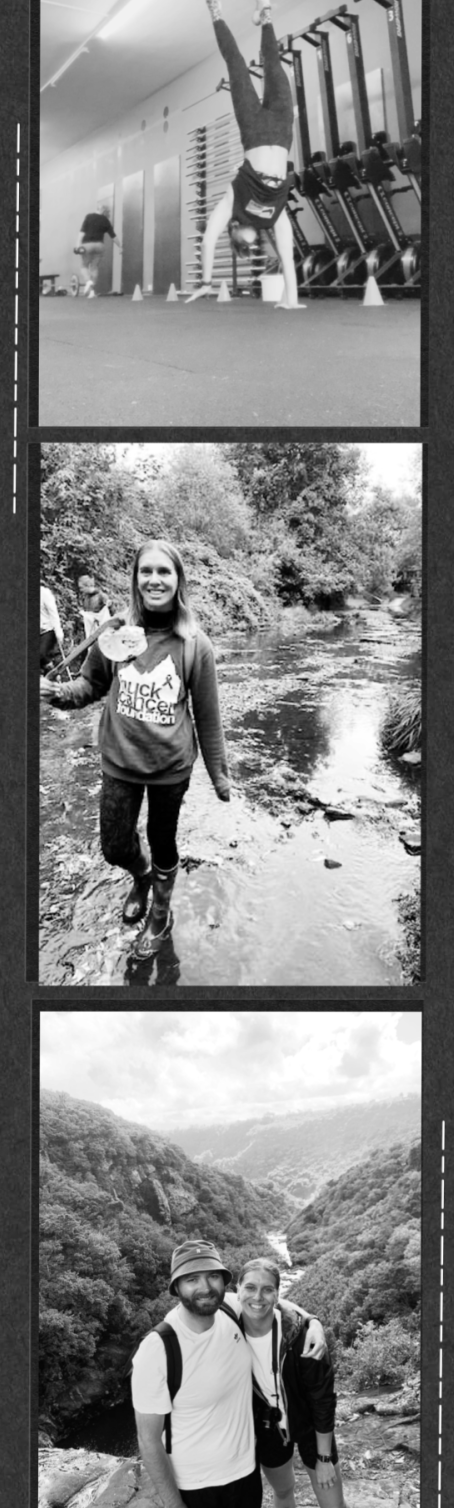 A filmstrip with 3 images of me: me doing handstands, 
            litter picking and in Mauritius on a hike